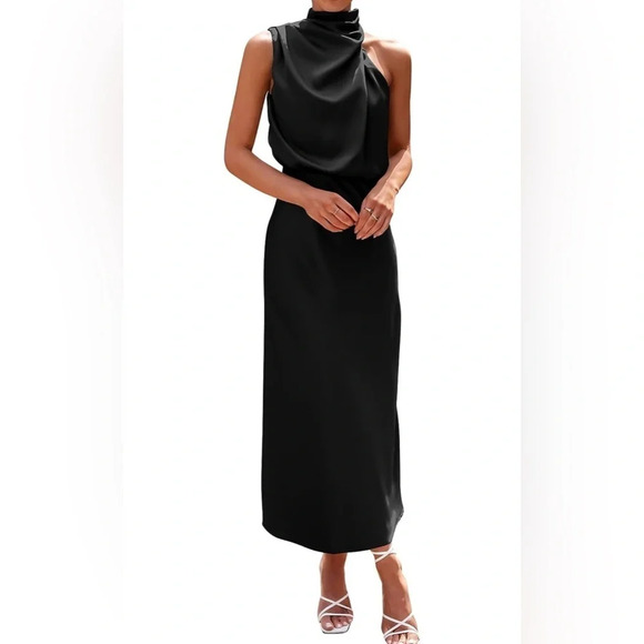 pretty garden Dresses & Skirts - NWT PRETTYGARDEN Satin Dress Elegant Sleeveless Mock Neck Cocktail black size L